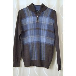 OLIVER & BURKE Grey & Blue Plaid Half Zip Pullover Knit Sweater | Size M